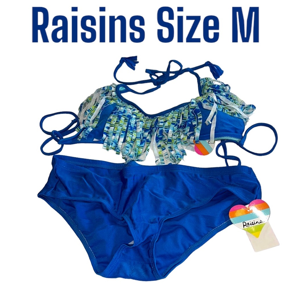 Raisins 2 Pc Blue & White Fringe Halter Bikini Swimsuit Size Medium NWT